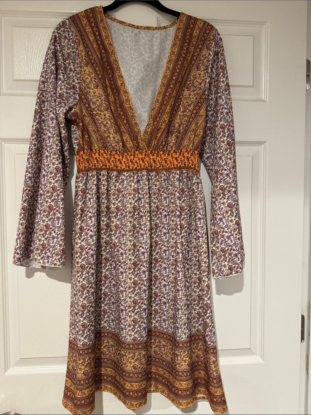 Floral V-Neck Long Sleeve Dress in Mustard and Brown
